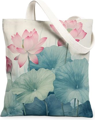Generic Spring Lotus Flower Canvas Tote Bag for Shopping 13x15, Watercolor Japanese Floral Reusable Grocery Print Pattern Bag for Women, Cool Japan Scenic Bea