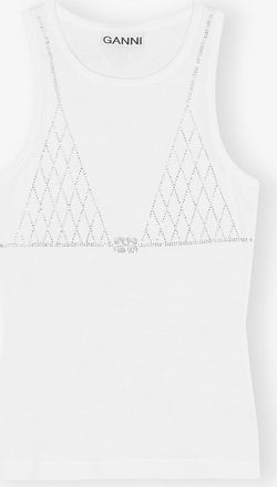 Ganni White Soft Cotton Rib Rhinestone Tank Top - Size XL Organic