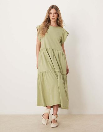 Vila flutter sleeve tiered hem midi dress in sage green