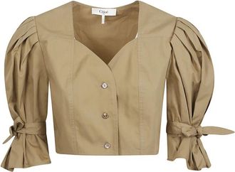 Chlo&eacute; Pofmouw Cropped Top - Dames - Blouses - Groen - XS - Katoen - Overhemden