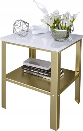 OEM Mesa Atornillada Con Estante, Estilo Loft Industrial Para Sala De Estar, 40x40x45 Cm, Color Dorado + Blanco Brillante