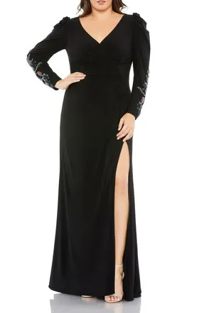 Mac Duggal Embellished Long Sleeve Faux Wrap Gown in Black at Nordstrom, Size 14W