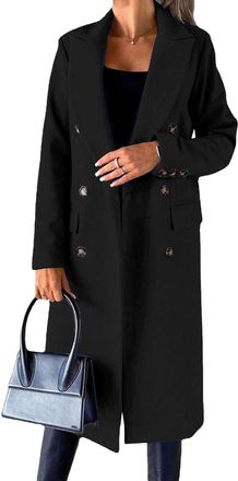 Generic Womens Mid-Long Wool Trench Coat Notched Lapel Double Breasted Wool Blend Overcoat Winter Coats for Women, Black, XL