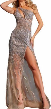 Jovani One Shoulder Sequin Prom Dress In Nude/silver