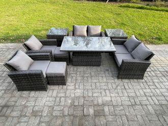 Fimous Outdoor Garden Furniture Sets 9 Pieces Wicker Rattan Furniture Sofa Dining Table Set with 2 Small Footstools 2 Side Table in Dark Grey