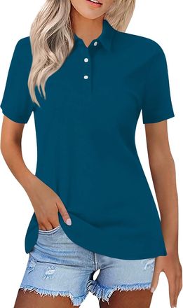 Generic Polo Shirts for Women UK Casual Short Sleeve Golf Button Solid Color Cotton Collared Casual Work T-Shirts Ladies Lightweight Moisture Wicking Tennis T