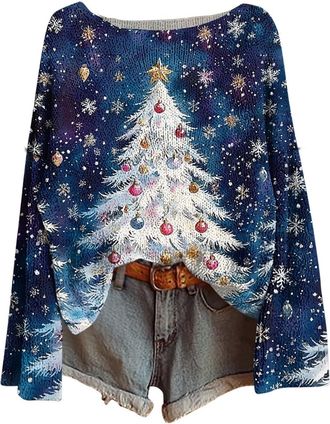 Generic Christmas Jumpers for Women UK Xmas Tree Graphic Knitted Sweater Women Lightweight Long Sleeves Xmas Tops Fashion Crew Neck Womens Pullover Sweaters F