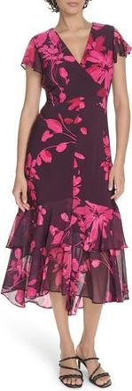 Tommy Hilfiger Chiffon Flutter Sleeve Midi Dress in Wineberry Multi at Nordstrom Rack, Size 18 (Similar To 16W)