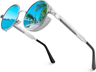 CGID E72 Retro Steampunk Style Unisex Inspired Round Metal Circle Polarized Sunglasses for Men and women