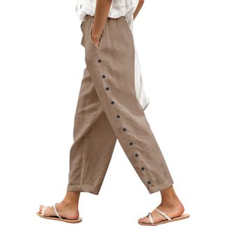 Generic Linen Trousers Womens Ladies Summer Trousers for Women UK Cropped Trouser Wide Leg Lightweight with Drawstring Pockets Casual Loose Palazzo Trouser So