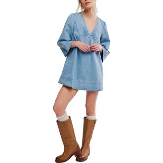 Free People Goldie Balloon Sleeve Denim Minidress in Celestial Blue at Nordstrom, Size X-Large