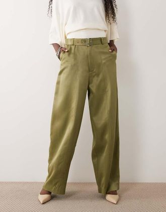 Asos pantaloni ampi in raso con cintura color oliva-Verde