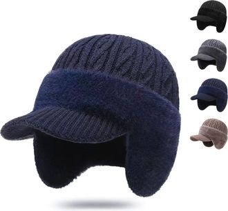Generic Coldshield Trapper Blocking Knitted Hats, Elastic Winter Warm Knitted Hat with Brim and Ear Flaps, for Mens and Women (Blue)