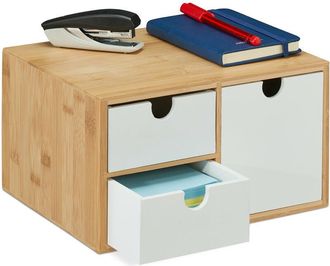 Relaxdays Desk Organiser, 3 Drawers, for Office Supplies, h x w x d: 14.5 x 25 x 20 cm, Bamboo & mdf, White/Natural - Relaxdays