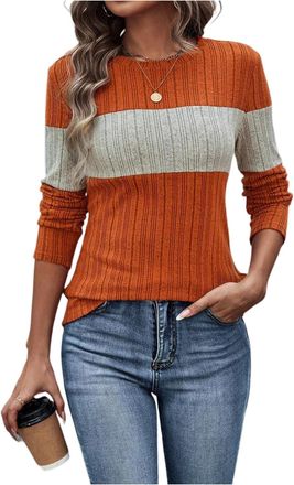 Generic Womens Sweaters Elegant Color Block Long Sleeve Tops Casual Round Neck Loose Sweatshirts Ladies Jumpers Fall Winter Fashion Womens Clothing 01-Orange 