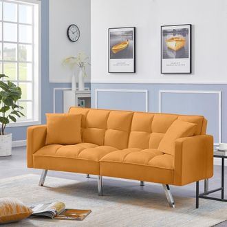 Kosy Koala Sofa Bed 2 Seater Mustard Velvet Click Clack Sofa Settee Recliner Couch with Metal Legs with 2 Pillows
