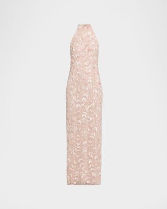 Aidan Mattox Beaded Halter Column Gown