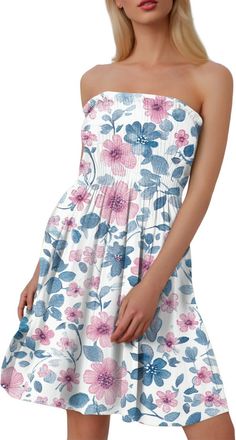 Generic Bandeau Beach Dress for Women UK Summer Dresses for Women Sundress for Ladies Floral Print Bandeau Sheering Sleeveless Mini Dress Boob Tube Pleated Sw