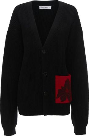 J.W.Anderson Cardigans, female, Black, Size: S Black Floral V-Neck Sweater