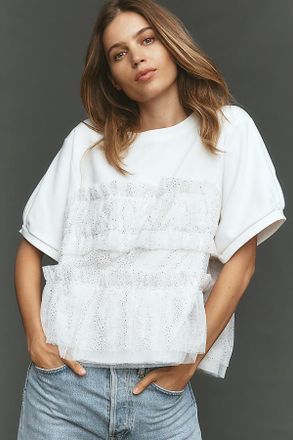 Maeve Short-Sleeve Smocked Ruffled Sweatshirt