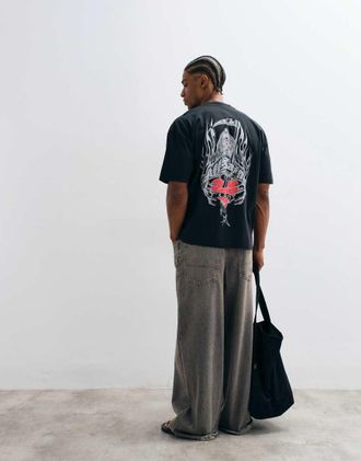 AllSaints T-shirt grafica con logo, maniche corte, stampa sul retro, washed black-Nero