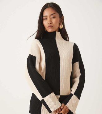 Pretty Lavish Maglione accollato color crema e nero a coste con design diviso-Multicolore