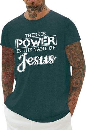 Generic Mens Christian T-Shirt - There is Power in The Name of Jesus Tees Short Sleeve Religious Casual T-Shirts Trendy Dark Green M