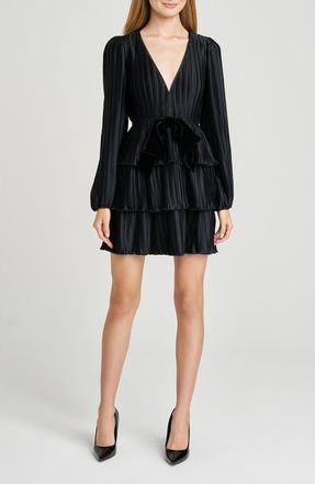 Wayf Melissa Plissé Long Sleeve Tiered Minidress in Black at Nordstrom, Size X-Small