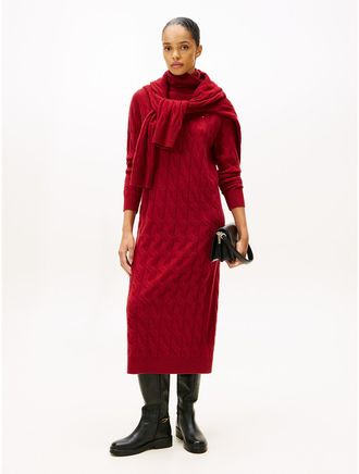 Tommy Hilfiger Womens Wool Cable Knit Sweater Dress - Red - XL