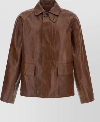 Prada leather blouson shirt collar chinstrap detail