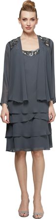 S.L. Fashions Womens Embellished Tiered Sequin Jacket Dress (Petite and Regular) Special Occasion, Steel Cutout, 22