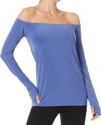 Norma Kamali Long Sleeve Thumb Hole Off-Shoulder Top In Military Blue