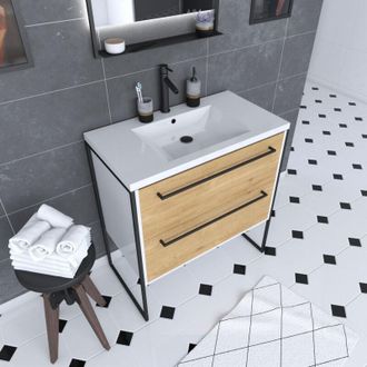 Aurlane Aurlane - Mueble Ba&ntilde;o 80x50 Blanco - 2 Cajones Roble Natural - Lavabo Blanco