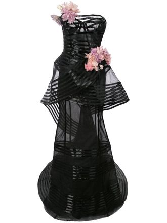 Marchesa floral-embellished strapless gown - Nero