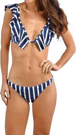 Milly Stripe Ruffle Pinafore Bikini Top In Navy/ivory