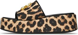 Loriblu Muiltje met sleehak van luipaardprint stof met gouden logo. - Dames - Sleehakken - Bruin - 40 EU - Schoenen