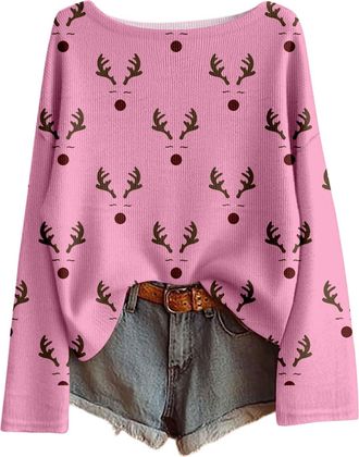 Generic Womens Christmas T Shirts Funny Christmas Funny Xmas Tree Snowman Print Tops Loose Long-Sleeved Sweater Casual Pullover Knitted Top with Multiple Desi