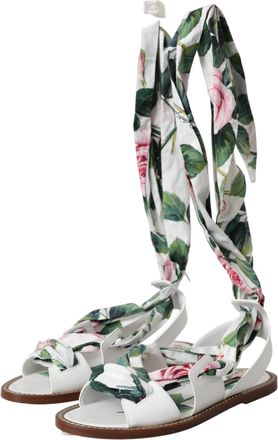 Dolce & Gabbana Womens Multicolor Floral Print Ankle Wrap Sandals Shoes Calf Leather Cotton