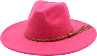 Generic Wide Brim Fedora Hat - Wool Felt Panama Cap - One Size Unisex Women Men - Braided Leather Band - Fedora Sun Hat