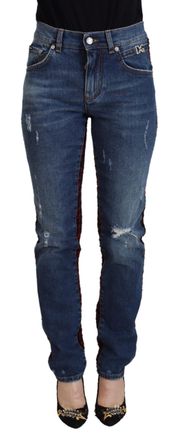 Dolce & Gabbana Versleten Denim Jeans Rood Zwart Ruit