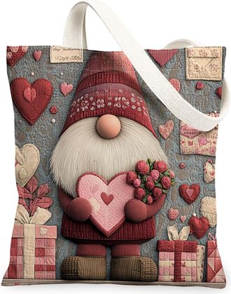 Generic Romantic Valentines Day Gnome Canvas Tote Bag for Shopping 13x15, 3D Knitting Rose Love Heart Reusable Grocery Print Pattern Bag for Women, Holiday Be