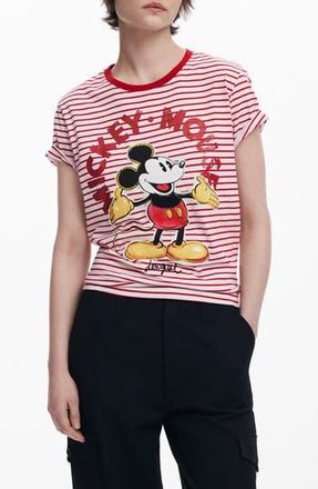 Desigual Mickey Mouse Striped Ringer Graphic T-Shirt in Red at Nordstrom Rack, Size Small