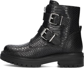 Omoda Zwarte Biker Boots met Slangenprint - Dames - Enkellaarsjes - Zwart - 38 EU - Leer - Schoenen