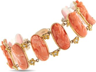 Luxury Bazaar Vintage 18K Yellow Gold 0.60ct Diamond and Coral Cameo Bracelet MF06-050726