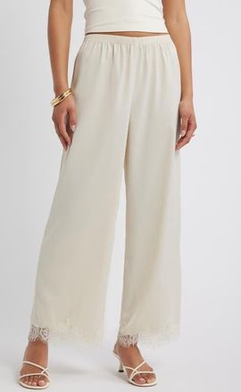 Open Edit Lace Trim Satin Pants in Ivory Dove at Nordstrom, Size Xx-Small