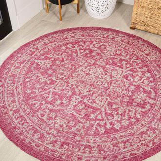 Jonathan Y Designs Malta Bohemian Medallion Textured Weave Indoor/Outdoor Round Area Rug in Fuchsia/light Gray at Nordstrom, Size 5Ft 0In X 5Ft 0In