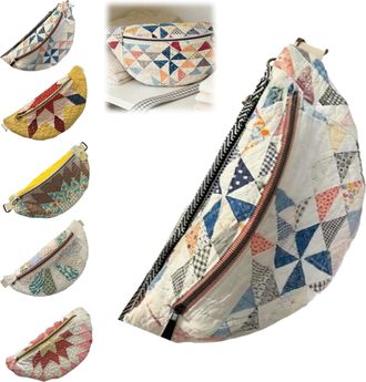 Generic Vintage-Inspired Patchwork Quilted Sling Bag,Curved Crossbody Bag with Adjustable Strap,Bohemian Fabric Shoulder Satchel (A)
