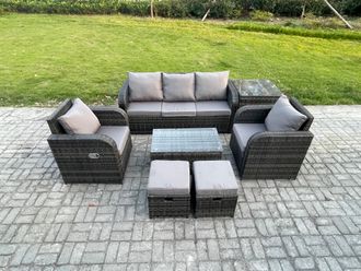 Fimous Outdoor Rattan Garden Furniture Set Patio Lounge Sofa Set with Reclining Chair Side Table 2 Small Footstools in Dark Grey