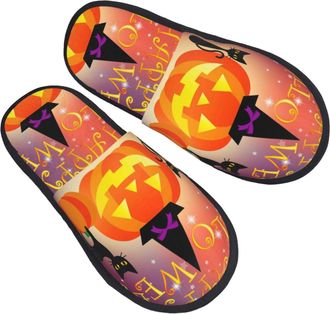 Generic Fuzzy Slippers Halloween Pumpkin And Elegant Cats Fluffy Slippers Non Slip Casual Slipper For Bathroom Bedroom Indoor L