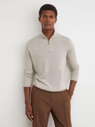 Reiss Mens Stone Mouline Merino Wool Half-zip Funnel-neck Jumper, XL